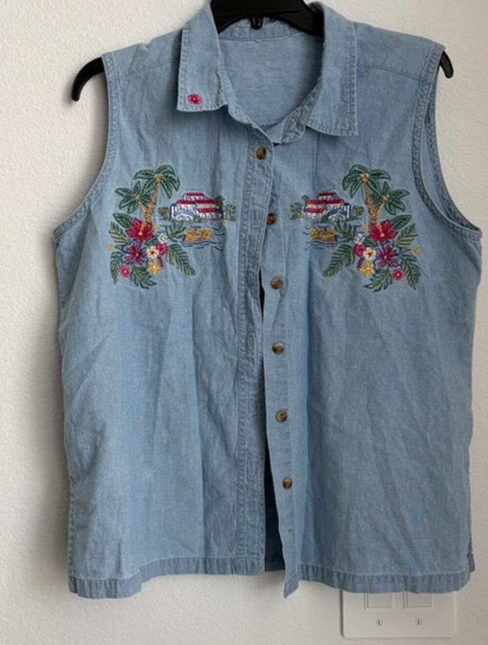 Womens Vintage Embroidered Denim Beach Flowers Button Tank Size Large